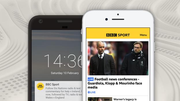 Una imagen que muestra las funciones de la aplicación BBC Sport: notificaciones en una pantalla de inicio y en la página de inicio