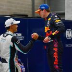 el segundo clasificado George Russell (GBR) Williams Racing en el parque cerrado de calificación con Max Verstappen (NLD) Red Bull Racing.  28.08.2021.  Campeonato del Mundo de Fórmula 1, Ronda 12, Gran Premio de Bélgica, Spa