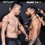 LAS VEGAS, NEVADA - 27 DE AGOSTO: (LR) Los oponentes Mana Martinez y Guido Cannetti de Argentina se enfrentan durante el pesaje de UFC Fight Night en UFC APEX el 27 de agosto de 2021 en Las Vegas, Nevada.  (Foto de Chris Unger / Zuffa LLC)