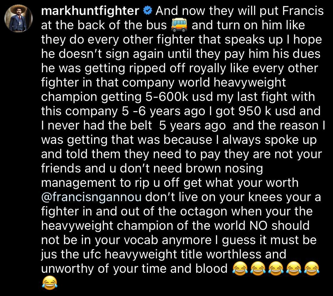Mark Hunt apoya la disputa del contrato de UFC de Francis Ngannou
