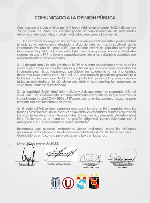 El comunicado de Alianza Lima, Universitario, Sporting Cristal y Melgar.