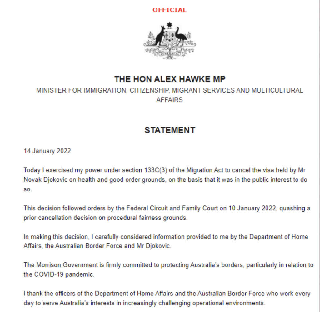 Visa australiana de Novak Djokovic cancelada nuevamente