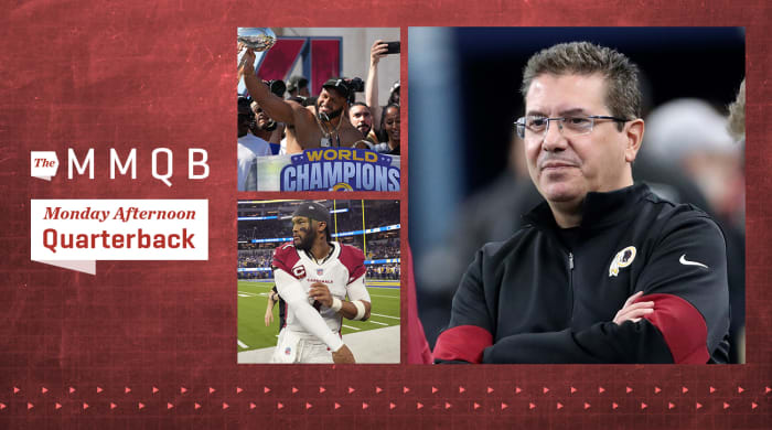 el propietario de los Washington Redskins, Daniel Snyder, antes del partido contra los Dallas Cowboys en el AT&T Stadium;  Kyler Murray calentando antes de un partido;  El ala defensiva de Los Angeles Rams, Aaron Donald, sostiene el trofeo Vince Lombardi durante el rally de campeonato del Super Bowl LVI en el Los Angeles Memorial Coliseum.