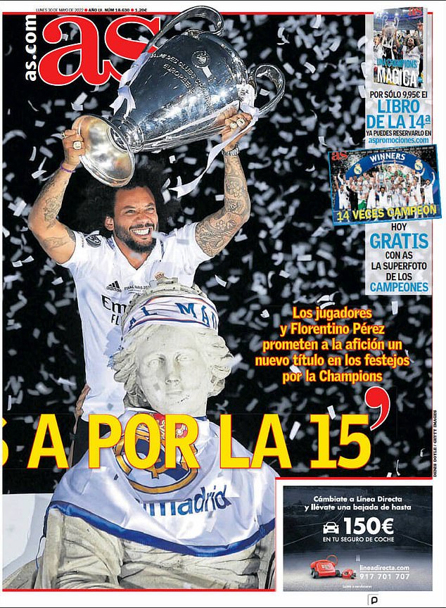 AS publicó el titular 'ahora por el decimoquinto' después de que el Real Madrid ganara su 14ª Liga de Campeones