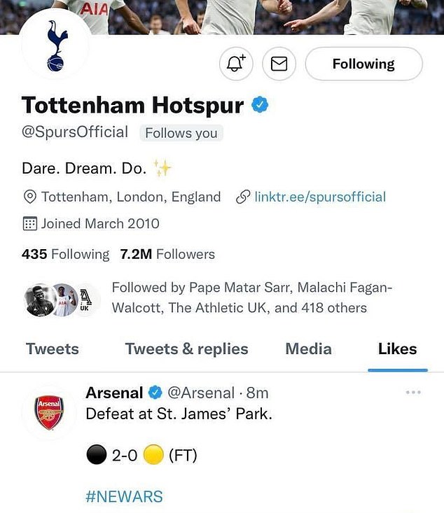 Los fanáticos del fútbol con ojos de águila vieron que la cuenta oficial del Tottenham se burló de sus rivales, el Arsenal, al darle me gusta a su tweet que anunciaba una derrota por 2-0 contra el Newcastle el lunes por la noche (en la foto)