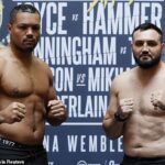 Joe Joyce (izquierda) pesó más que Christian Hammer (derecha) antes de su pelea en Wembley Arena este fin de semana