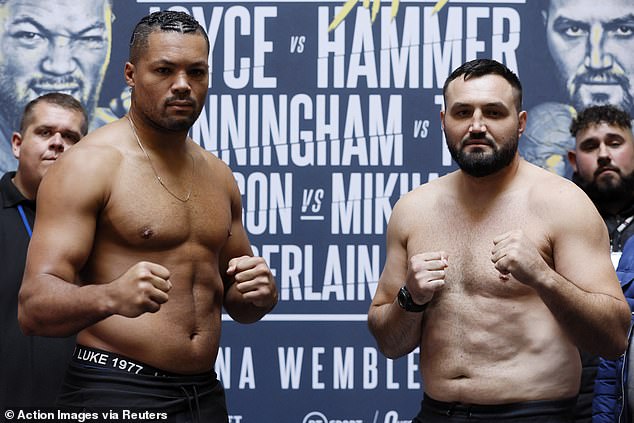 Joe Joyce (izquierda) pesó más que Christian Hammer (derecha) antes de su pelea en Wembley Arena este fin de semana