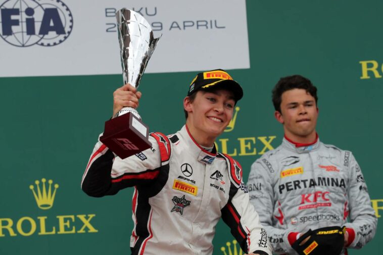 Carrera 2, George Russell (GBR) ART Grand Prix ganador de la carrera y 3er lugar Nyck De Vries (HOL) PERTAMINA PREMA Theodore Racing 29.04.2018.  Campeonato de Fórmula 2 de la FIA, Rd 2, Bakú, Azerbaiyán, domingo