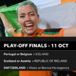 Un gráfico que muestra los partidos finales de los play-offs y una foto de Katie McCabe de la República de Irlanda celebrando