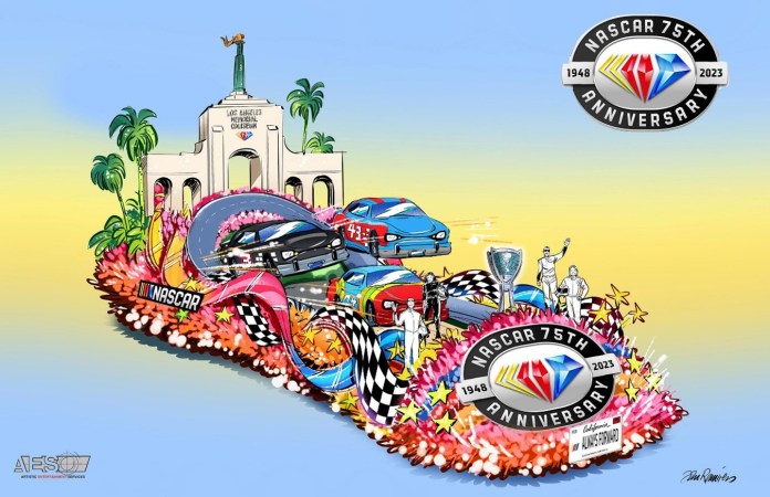 NASCAR celebra su 75.° aniversario con una carroza en el Desfile de las Rosas de 2023