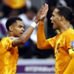 Cody Gakpo de Holanda, Virgil van Dijk de Holanda celebran el 1-0 durante el partido del grupo A de la Copa Mundial de la FIFA Qatar 2022 entre Holanda y Qatar en el Estadio Al Bayt el 29 de noviembre de 2022 en Al Khor, Qatar.  ANP MAURICE VAN STONE Crédito: ANP/Alamy Live News