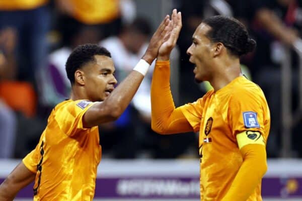 Cody Gakpo de Holanda, Virgil van Dijk de Holanda celebran el 1-0 durante el partido del grupo A de la Copa Mundial de la FIFA Qatar 2022 entre Holanda y Qatar en el Estadio Al Bayt el 29 de noviembre de 2022 en Al Khor, Qatar.  ANP MAURICE VAN STONE Crédito: ANP/Alamy Live News