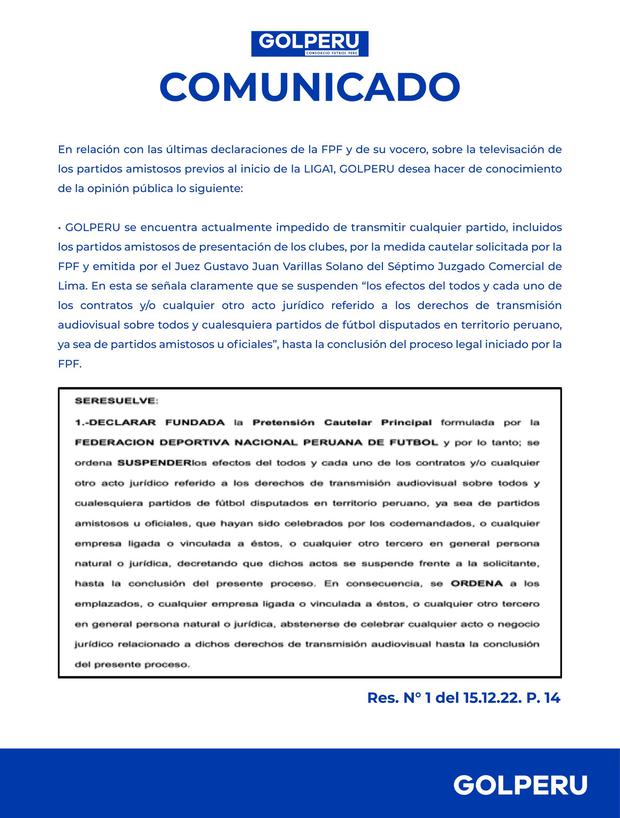 El comunicado del Consorcio Fútbol Perú (GOLPERU) en sus redes sociales.