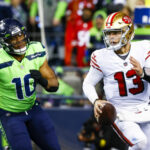 15 de diciembre de 2022;  Seattle, Washington, Estados Unidos;  El mariscal de campo de los San Francisco 49ers, Brock Purdy (13), se aleja del apoyador de los Seattle Seahawks, Uchenna Nwosu (10), durante el último cuarto en el Lumen Field.  Crédito obligatorio: Joe Nicholson-USA TODAY Sports