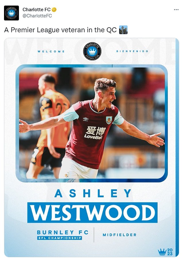 Ashley Westwood ha cambiado Burnley y el Campeonato por Charlotte para jugar en la MLS