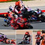 Miguel Oliveira, Marc Márquez, accidente de Oliveira Márquez Portimao, 2023 MotoGP portugués, Portimao, RNF Aprilia, Repsol Honda, acción, accidente, accidente