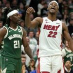 Jimmy Butler de Miami Heat celebra durante la victoria del quinto juego sobre los Milwaukee Bucks