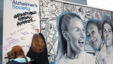 Un mural en el estadio de Brentford de momentos clave en la historia reciente de las mujeres de Inglaterra