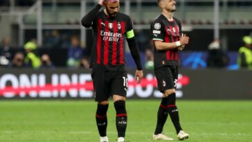 Theo Hernández del AC Milan se ve abatido después de su derrota en la ida de la semifinal de la Liga de Campeones