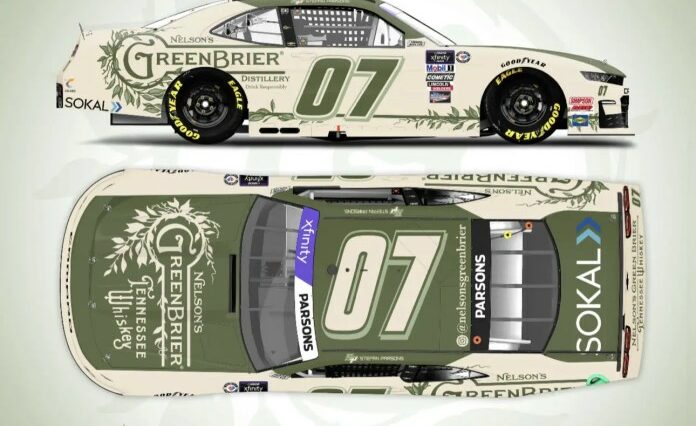 Stefan Parsons SS Green Light Racing Patrocinio de la destilería Green Brier de Nelson Nashville 2023 NASCAR Xfinity Series