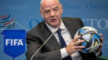 SWITZERLAND-TRADE-FBL-WOMEN-WC-2023FIFA President Gianni Infantino holds an official ball of the 2023 FIFA Women