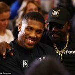 Derek Chisora ​​(derecha) llamó la atención en la primera conferencia de prensa de Anthony Joshua (izquierda) antes de su pelea con Dillian Whyte