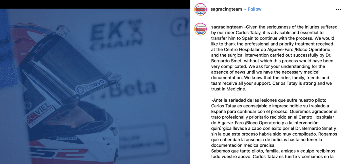 El piloto de Moto2 Carlos Tatay continúa el tratamiento en España, el equipo SAG insta a detener los falsos rumores |  Noticias BikeSport
