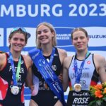 Cassandre Beaugrand Beth Potter Laura Lindemann Podio del WTCS de Hamburgo 2023 Crédito de la foto Triatlón Mundial