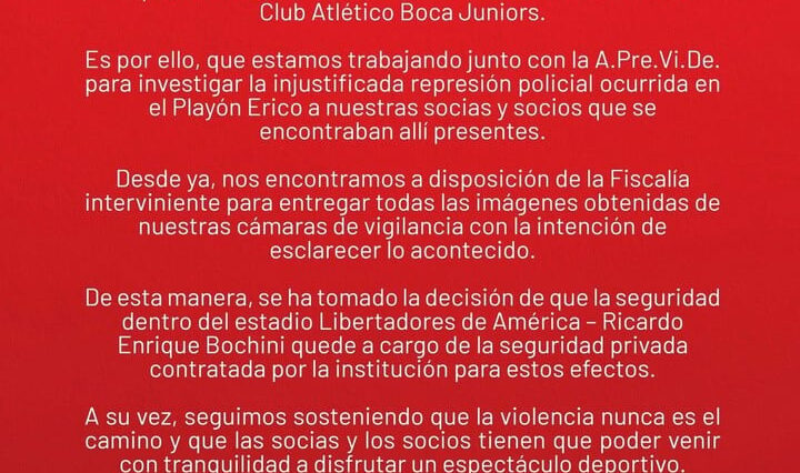 El comunicado de Independiente luego de la represión policial. (Independiente)