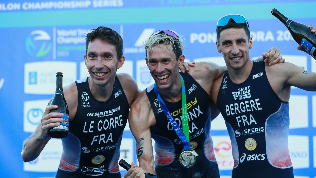 Dorian Coninx, Pierre Le Corre, Leo Bergere - World Triathlon Championship Finals Pontevedra 2023
