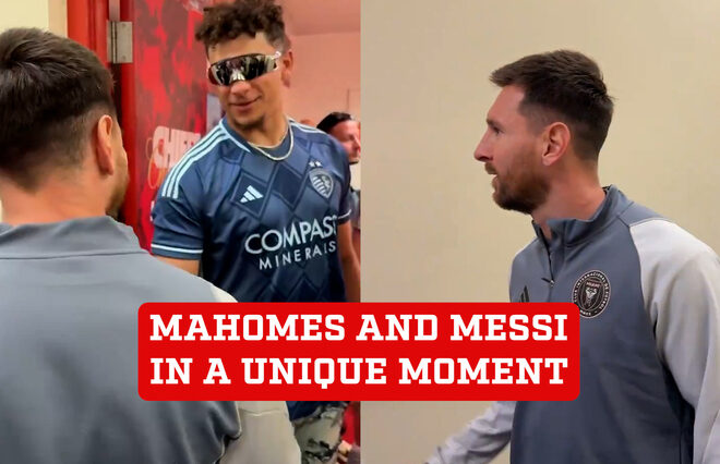 Patrick Mahomes recibe con un cariñoso abrazo a Lionel Messi en el partido Sporting KC vs Inter Miami