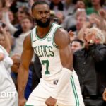 Jaylen Brown celebrates scoring