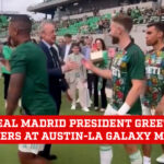 El presidente del Real Madrid, Florentino Pérez, recibe calurosamente a los jugadores en el partido Austin-LA Galaxy