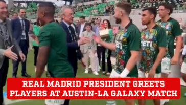 El presidente del Real Madrid, Florentino Pérez, recibe calurosamente a los jugadores en el partido Austin-LA Galaxy