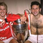 David Beckham and Ryan Giggs with the European Cup between them in the dressing room in 1999