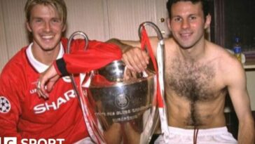 David Beckham and Ryan Giggs with the European Cup between them in the dressing room in 1999