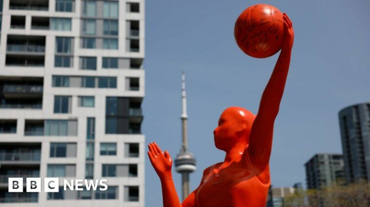 A 12-foot-tall sculpture of the WNBA logo is pictured at the Stackt Market in Toronto ahead of Canada's first WNBA game set for May 13, 2023. Toronto Star/Lance McMillanMay-10-2023