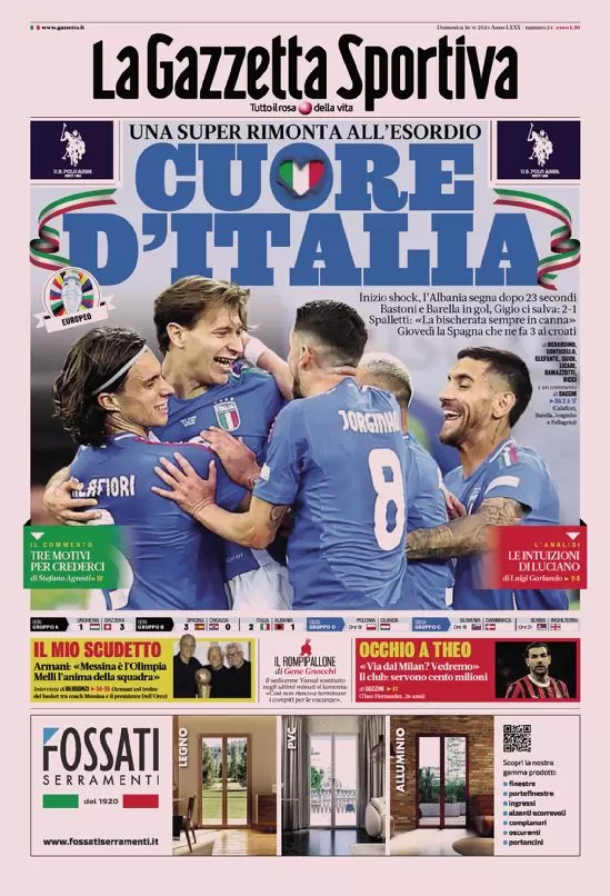 Corazón de Italia, remontada del impactante gol de Albania a los 23 segundos