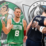 Jayson Tatum and Kristaps Porzingis celebrate next to an image of Luka Doncic and Kyrie Irving celebrating