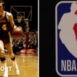 Jerry West bounces a basketball (left) and the NBA logo (right)