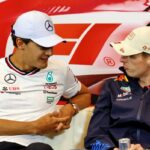 (De izquierda a derecha): George Russell (GBR) Mercedes AMG F1 y Max Verstappen (NLD) Red Bull Racing, en la conferencia de prensa de la FIA.  23.05.2024.  Campeonato Mundial de Fórmula 1, Ronda 8, Gran Premio de Mónaco, Montecarlo, Mónaco, Día de Preparación.  - www.xpbimages.com, correo electrónico: request@xpbimages.com © Copyright: Moy / XPB Images