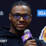 Bronny James speaking at his introductory Los Angeles Lakers media conference on Tuesday