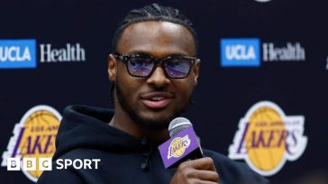 Bronny James speaking at his introductory Los Angeles Lakers media conference on Tuesday