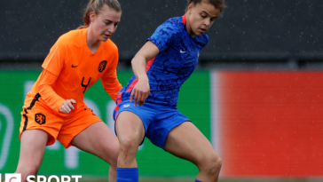 Noemie Mouchon (right) in action for France in an under-23 international against the Netherlands