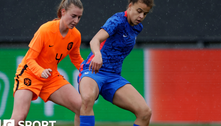 Noemie Mouchon (right) in action for France in an under-23 international against the Netherlands