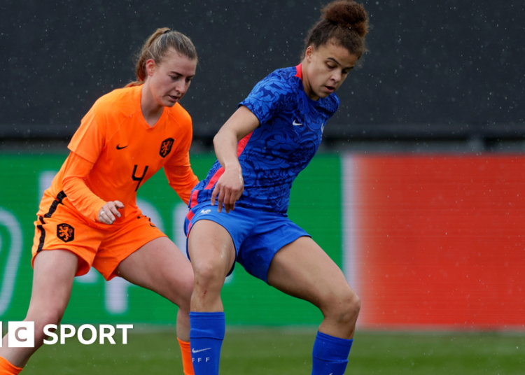 Noemie Mouchon (right) in action for France in an under-23 international against the Netherlands