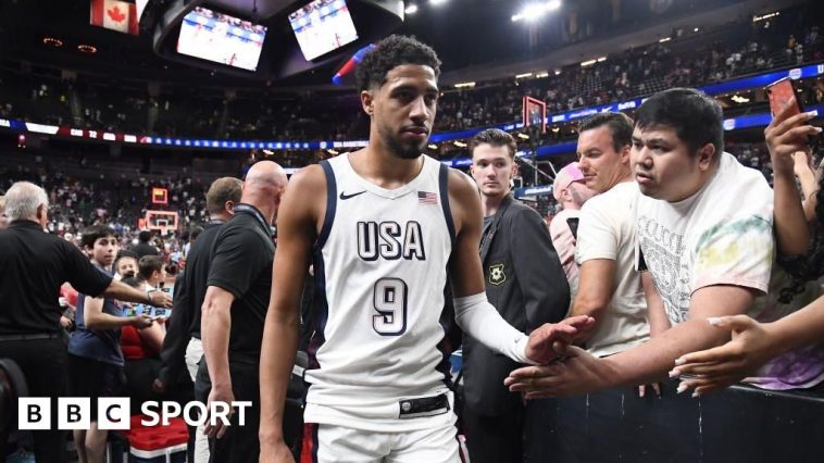Indiana Pacers' Tyrese Haliburton walking off the court after USA's friendly with Canada