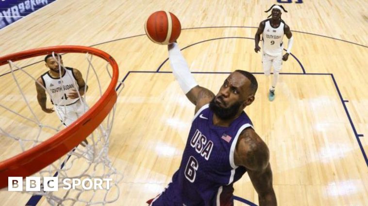 Team USA star LeBron James winds up for a dunk against South Sudan
