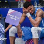 Greece basketball player Giannis Antetokounmpo is in tears after his side qualified for the 2024 Olympics