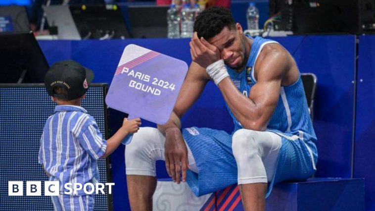 Greece basketball player Giannis Antetokounmpo is in tears after his side qualified for the 2024 Olympics